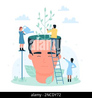 Croissance mentale, illustration du vecteur d'auto-développement. Caricature les gens minuscules poussent des plantes à l'intérieur de la tête humaine abstraite, améliorer et changer l'état d'esprit de la personne à des pensées optimistes, positives et créatives Illustration de Vecteur