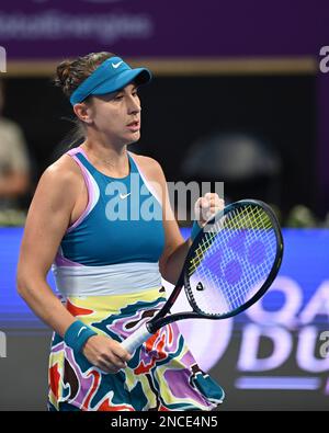 Doha, Qatar. 14th févr. 2023. Belinda Bencic de Suisse fête lors du premier tour de match de 32 contre Viktoriya Tomava de Bulgarie au WTA500 Qatar Open 2023 à Doha, Qatar, 14 février 2023. Credit: Nikku/Xinhua/Alay Live News Banque D'Images