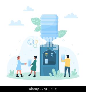 Refroidisseur d'eau pour illustration vectorielle au bureau ou à la maison. Caricature toute petite personne tenant des tasses en verre pour boire de l'eau pure propre à partir d'un distributeur avec un gallon en plastique bleu portable rempli de liquide et de robinets Illustration de Vecteur