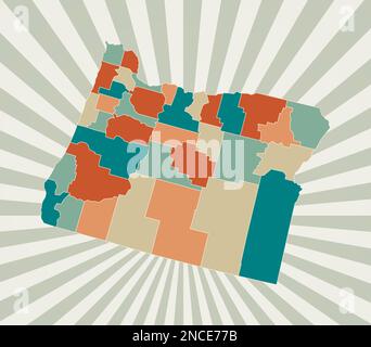 Carte de l'Oregon. Affiche avec carte de l'état américain dans la palette de couleurs rétro. Forme de l'Oregon avec fond de rayons de soleil. Illustration vectorielle. Illustration de Vecteur