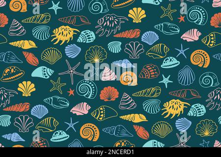 Motif de lavabo coquillage sans couture. Escargot de mer exotique en spirale, étoiles de mer en arrière-plan sans limites. Océan sous-marin coquillages conch aquatique mollusque imprimé textile. Déco répétition album plage tropicale Illustration de Vecteur