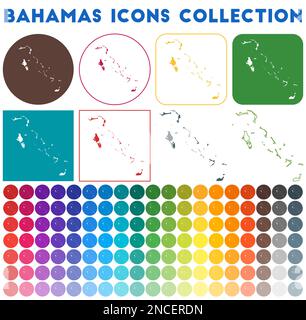 Collection d'icônes Bahamas. Icônes de carte branchées colorées et lumineuses. Badge moderne des Bahamas avec carte du pays. Illustration vectorielle. Illustration de Vecteur