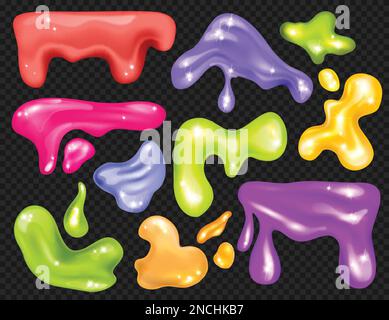 Paillettes réalistes Stilleul grandes et petites gouttes liquides de différentes couleurs sur fond transparent icône ensemble illustration vectorielle Illustration de Vecteur