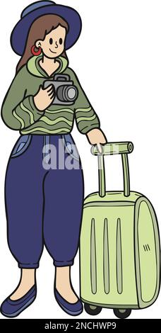 Dessiné à la main des touristes féminins prenant des photos avec des valises illustration dans le style Doodle isolé sur l'arrière-plan Illustration de Vecteur