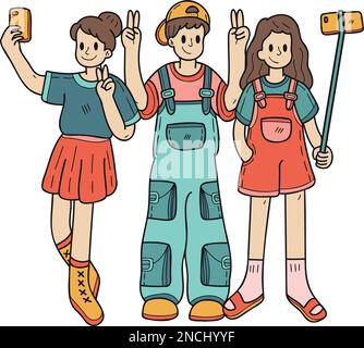 Groupe de touristes dessiné à la main prenant une illustration de selfie dans le style doodle isolé sur le fond Illustration de Vecteur