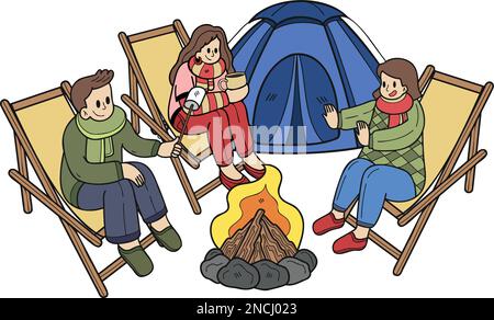 Dessiné à la main Un groupe de touristes assis près du feu dans l'illustration de la forêt dans le style Doodle isolé sur fond Illustration de Vecteur