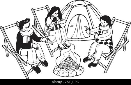 Dessiné à la main Un groupe de touristes assis près du feu dans l'illustration de la forêt dans le style Doodle isolé sur fond Illustration de Vecteur