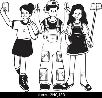 Groupe de touristes dessiné à la main prenant une illustration de selfie dans le style doodle isolé sur le fond Illustration de Vecteur