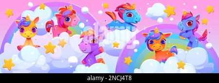 Adorables auberges dans le ciel avec des arcs-en-ciel, des nuages et des étoiles. Animaux magiques, personnages de poney féerique dans le ciel. Fantasy Wonderland avec de belles licornes, illustration de dessin animé vectoriel Illustration de Vecteur