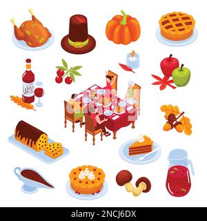 Ensemble isométrique du jour de Thanksgiving composé d'éléments de vacances traditionnels et de plats de fête, illustration vectorielle isolée Illustration de Vecteur