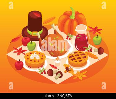 Tableau de Thanksgiving composition isométrique avec la nourriture traditionnelle américaine tarte à la dinde citrouille canneberges illustration vectorielle Illustration de Vecteur