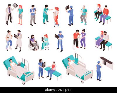 Médical soins médicaux ensemble isométrique de traumatologues consultant et traitant des patients après une blessure physique illustration vectorielle isolée Illustration de Vecteur