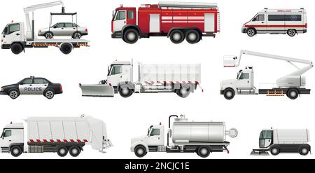 Véhicules municipaux un ensemble réaliste avec des images isolées de vue latérale de décharge incendie et de camions de remorquage, des essuie-glaces illustrations vectorielles Illustration de Vecteur