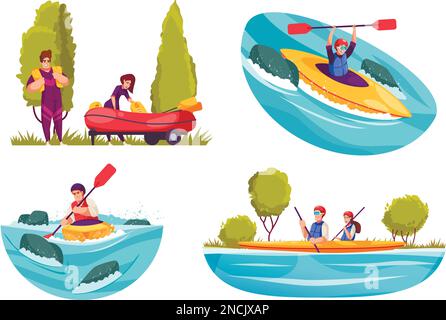 Des icônes de rafting sur la rivière avec des gens pendant les activités aquatiques de l'été illustration vectorielle isolée Illustration de Vecteur