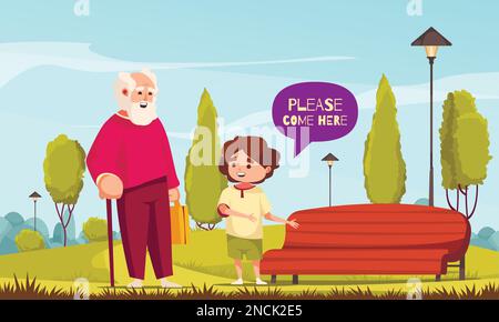 Affiche de dessin animé pour enfants bien élevés avec enfant offrant de l'aide à l'illustration de vecteur de vieille personne Illustration de Vecteur