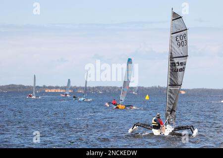 903,B3,Weta SQ (2 ET PLUS),Jonathon Branch et Annabelle Branch sur le chemin du point de départ de la course, Gippsland Lakes, Paynesville, Victoria, Aus Banque D'Images