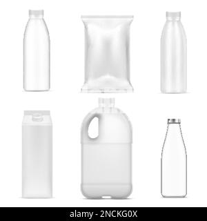 Tare de lait jeu réaliste de paquets en verre et en plastique isolés sur fond blanc illustration vectorielle Illustration de Vecteur