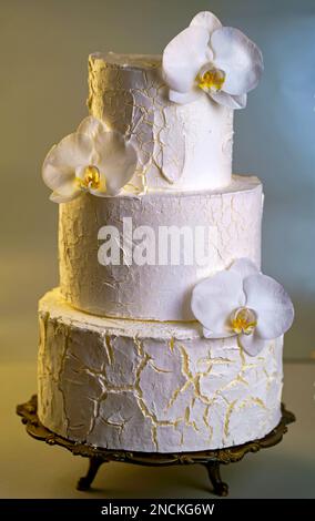 gâteau de mariage superposé décoré de fleurs fraîches sur un fond sombre Banque D'Images