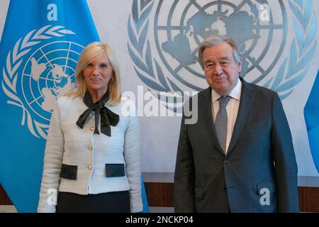 New York, États-Unis. 14th févr. 2023. Le Secrétaire général Antonio Guterres rencontre Beatriz Argimon, Vice-Président de l'Uruguay, au Siège de l'ONU à New York, sur 14 février 2023. (Photo de Lev Radin/Sipa USA) crédit: SIPA USA/Alay Live News Banque D'Images