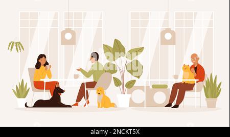 Animaux de compagnie composition de café avec silhouette intérieur de la cafétéria avec des plantes de maison et les gens buvant du café avec animaux illustration vectorielle Illustration de Vecteur