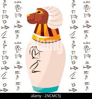 Vase rituel égyptien antique avec tête de bélier et hiéroglyphes dessins animés illustration vectorielle. Urne décorative pour le sacrifice à dieu Khnum ou le stockage des trésors du temple, isolée sur fond blanc Illustration de Vecteur