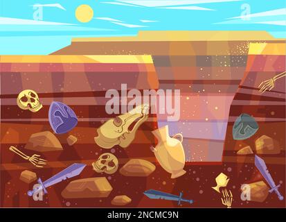 Fouilles archéologiques, illustration vectorielle de dessins animés. Paysage désertique avec dunes de sable, soleil lumineux et fosse creusée. Sol souterrain avec des fossiles et des objets anciens en eux, coupe transversale Illustration de Vecteur