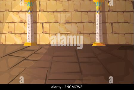 Ancienne Égypte vierge pharaon tombeau ou temple salle dessin animé illustration vectorielle. Intérieur de la pyramide égyptienne avec hiéroglyphes sur les murs de pierre et colonnes blanches avec oranment, arrière-plan pour la conception de jeu Illustration de Vecteur
