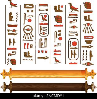 Hiéroglyphes de l'Égypte antique et tiges en bois pour papyrus défilement collection de vecteur de dessin animé. Symboles de la culture égyptienne, isolés sur fond blanc Illustration de Vecteur