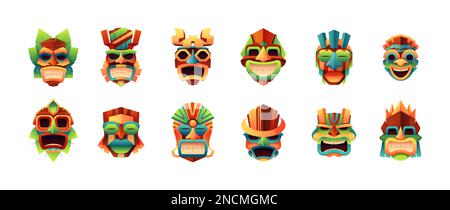 Masques Tiki. Totems tribaux traditionnels maya aztec aborigènes rituels, idoles cérémonielles de l'inde polynésienne du zulu, masking ethnique de dessin animé visage. Ensemble de plan vectoriel. Faces peintes avec différents grimaces Illustration de Vecteur