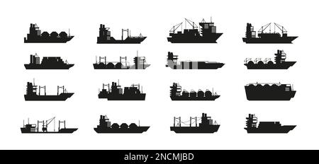 Cargos noirs. Navires commerciaux de transport maritime, camion transportant des conteneurs lourds, l'expédition des bateaux cargo silhouettes style plat. Ensemble de vecteurs. Transport nautique, logistique de l'eau Illustration de Vecteur