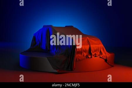 Voiture recouverte d'un tissu satiné dans une exposition pour dévoiler sur fond noir - 3D Illustration Render Banque D'Images