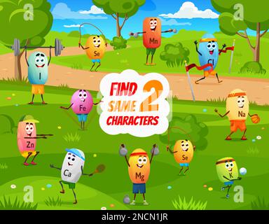 Trouvez deux personnages de la même bande dessinée Vitamin sportsman. Objets comparer les enfants jouant activité, même photo trouver puzzle vecteur feuille de travail avec se, Zn, CA et mg, K vitamines héros pilule joyeux personnages Illustration de Vecteur