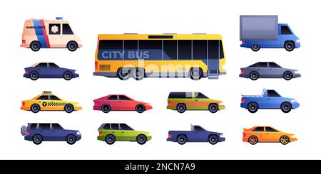 Kit de transport urbain. Différents modèles de voitures, coloré véhicules urbains taxi bus van secours automobiles modèle de dessin animé plat. Collection à vecteur isolé. Transport de passagers, ambulance Illustration de Vecteur