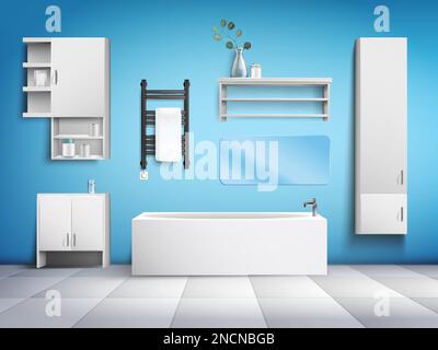 Intérieur de salle de bains avec mobilier moderne, baignoire blanche, porte-serviette électrique, miroir horizontal sur mur bleu, illustration réaliste de vecteur Illustration de Vecteur