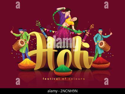 Belle affiche pour festival indien Happy Holi with3d lettre fond. illustration vectorielle Illustration de Vecteur