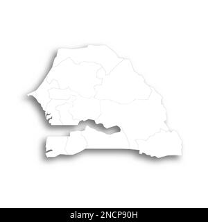 Sénégal carte politique des divisions administratives - régions. Carte blanche plate avec contour noir fin et ombre portée. Illustration de Vecteur