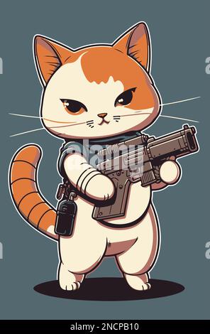 Animal de dessin animé de chat militaire avec vecteur de fusil Illustration de Vecteur