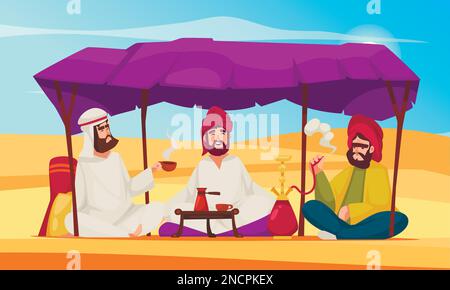 Scène de dessin animé de la vie du désert avec des gens en vêtements traditionnels boire du café et fumer narguilé illustration vectorielle Illustration de Vecteur