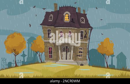 Affiche de dessin animé maison effrayante avec bâtiment d'horreur sur l'illustration vectorielle d'arrière-plan pluie Illustration de Vecteur