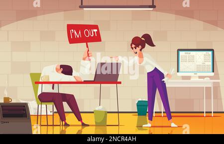 Composition de dessin animé Office stress avec une femme criant sur une illustration vectorielle de collègue stressée Illustration de Vecteur