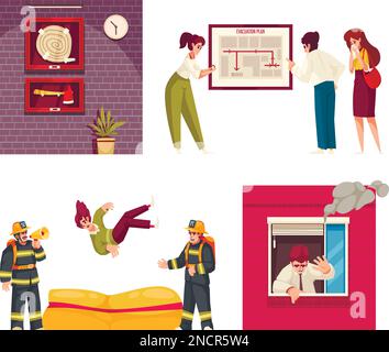 Icônes de dessin animé d'évacuation définies avec des personnes s'échappant de l'incendie maison illustration de vecteur isolé Illustration de Vecteur