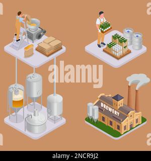 Compositions pour la production de bière avec des bouteilles de construction et d'emballage pour ouvriers d'entrepôt isolées sur fond de couleur vecteur isométrique il Illustration de Vecteur