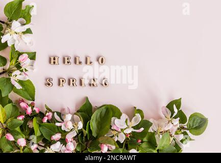 vue de dessus des branches fleuries d'un pommier et des lettres en bois avec le texte hello ressort sur un fond rose. pose à plat. cadre, carte postale Banque D'Images