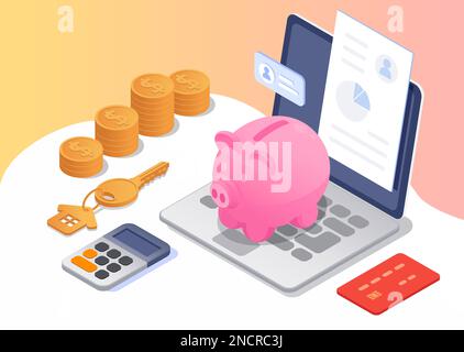 Prêt hypothécaire composition isométrique avec clé de banque de piggy à la maison calculatrice de carte de crédit pièces 3D illustration vectorielle Illustration de Vecteur