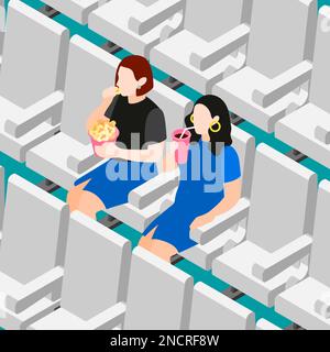 Femmes amis composition isométrique colorée deux amis assis ensemble dans un cinéma manger pop-corn vector illustration Illustration de Vecteur