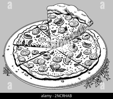 Pizza entière fraîche coupée en tranches sur des morceaux de nourriture rapide Vector Illustration de Vecteur