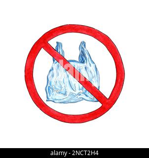 Aquarelle dites pas d'affiche avec sac en plastique. Signe d'interdiction du sac de cellophane et de polyéthylène jetable. Concept de problème de pollution. Le package est dans un Banque D'Images