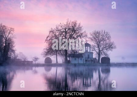 Brume matinale avant le lever du soleil le long de la Tamise à Temple Island, Henley on Thames, Oxfordshire, Angleterre Banque D'Images