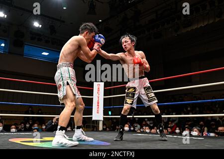 Tokyo, Japon. 14th févr. 2023. Kenta Nakagawa (gants rouges) et Akio Furutani (gants bleus) se disputent lors de leur combat de boxe libre WBO Asie Pacifique Super Flyweight au Korekuen Hall à Tokyo, Japon, 14 février 2023. Crédit: Hiroaki Finito Yamaguchi/AFLO/Alamy Live News Banque D'Images