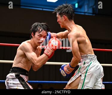 Tokyo, Japon. 14th févr. 2023. Kenta Nakagawa (gants rouges) et Akio Furutani (gants bleus) se disputent lors de leur combat de boxe libre WBO Asie Pacifique Super Flyweight au Korekuen Hall à Tokyo, Japon, 14 février 2023. Crédit: Hiroaki Finito Yamaguchi/AFLO/Alamy Live News Banque D'Images